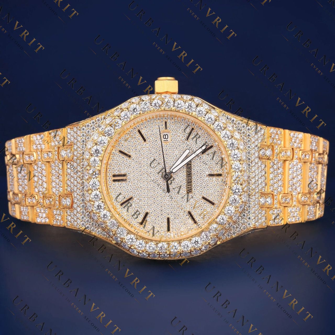 Yellow Gold Iced VVS1 D Color Moissanite Watch