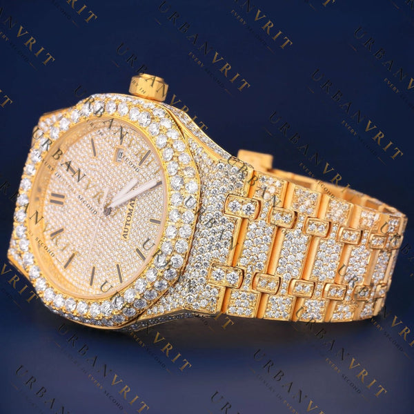 Yellow Gold Iced VVS1 D Color Moissanite Watch