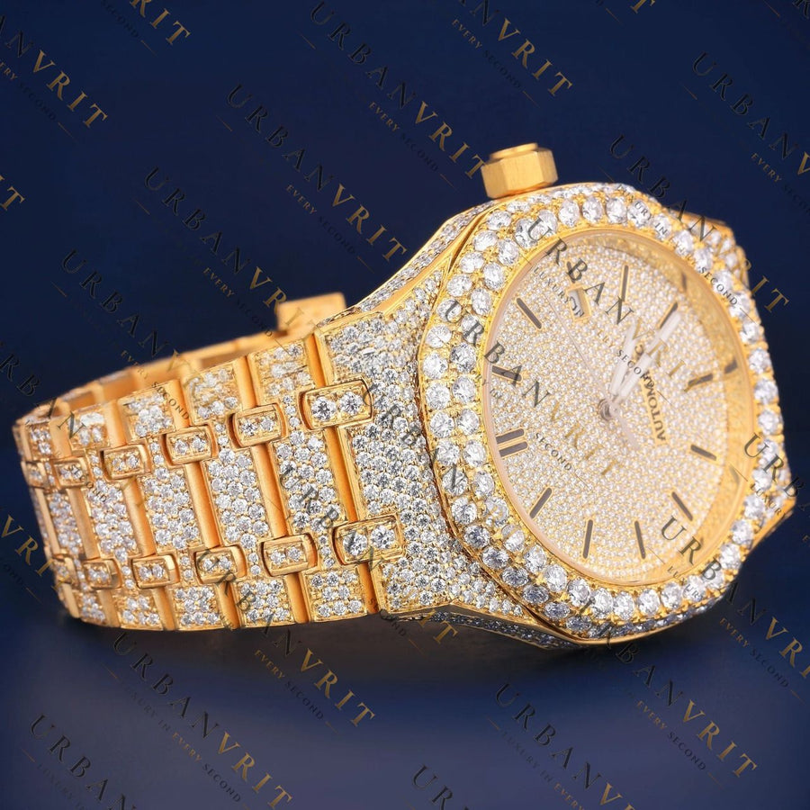Yellow Gold Iced VVS1 D Color Moissanite Watch