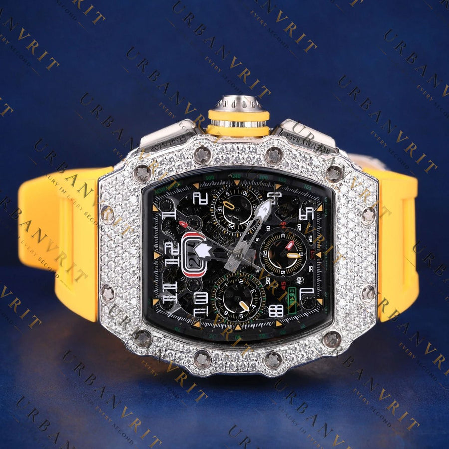 Yellow Strap Skeleton Moissanite Watch