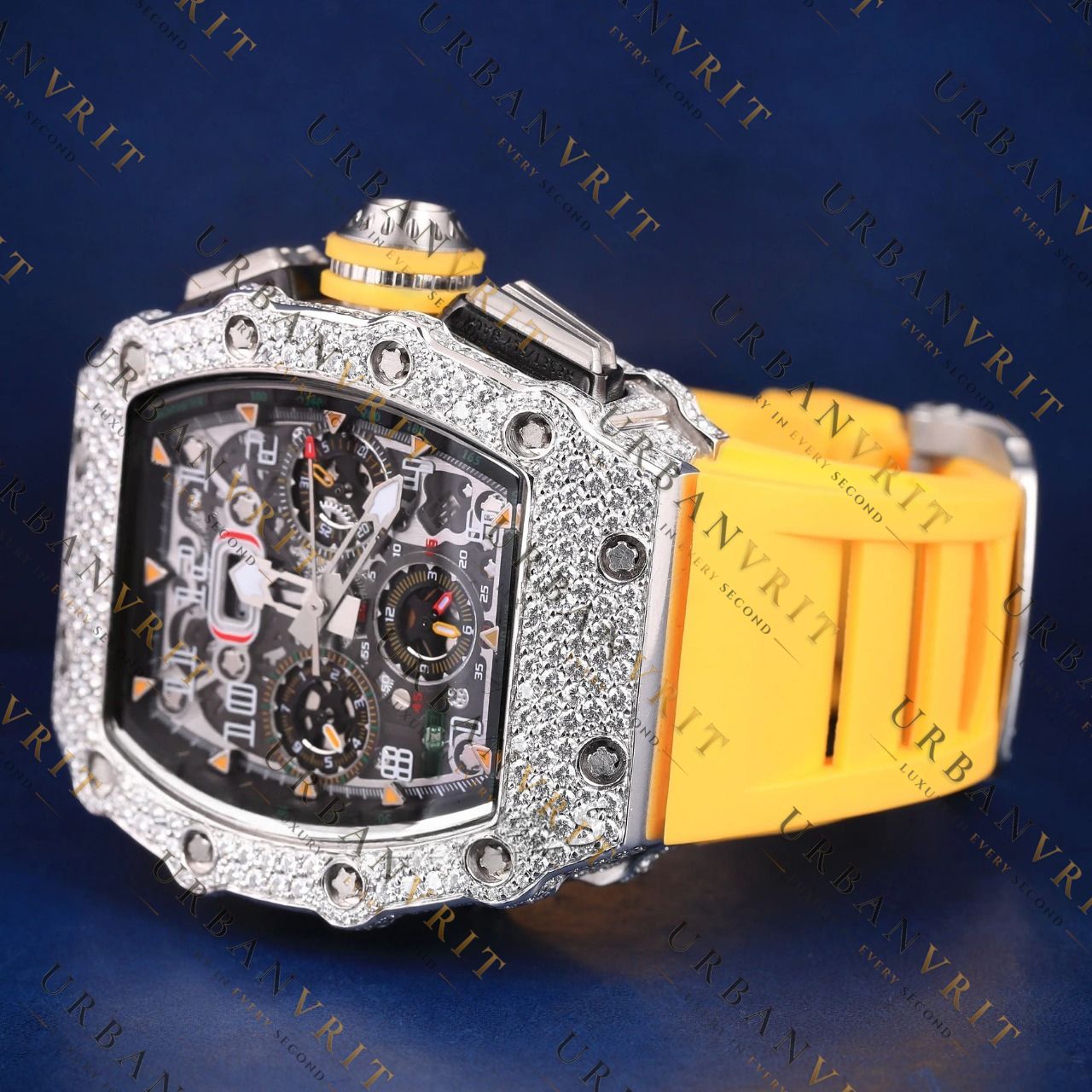 Yellow Strap Skeleton Moissanite Watch