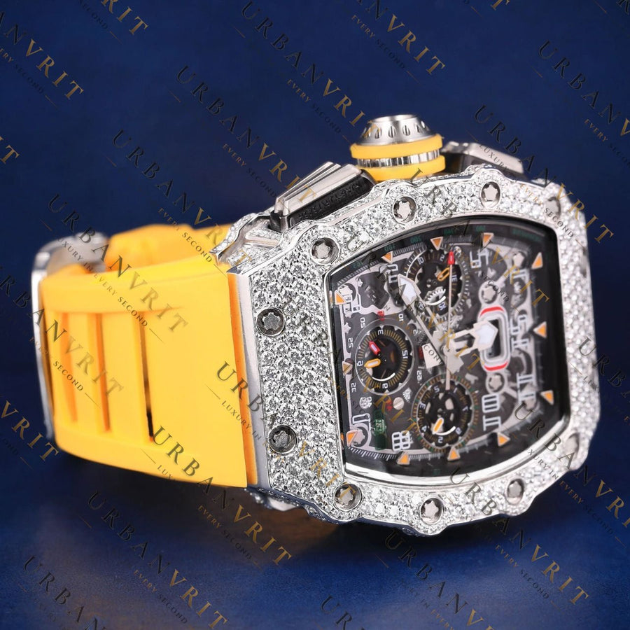 Yellow Strap Skeleton Moissanite Watch