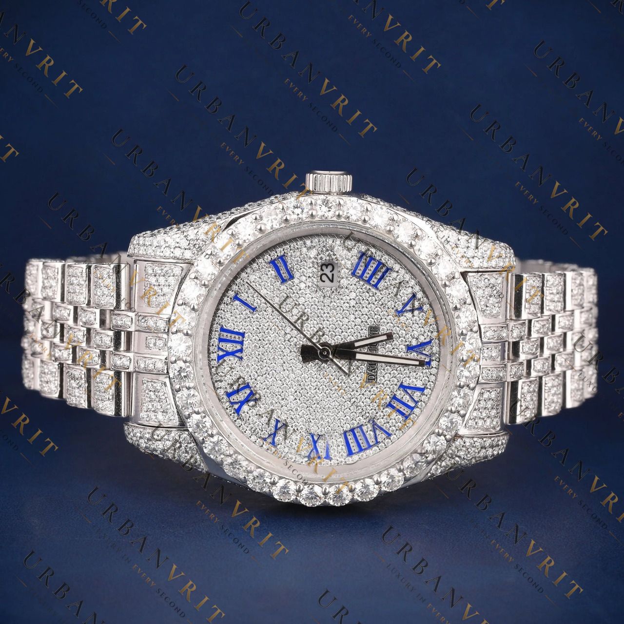 Blue Roman Numeral VVS1 D Color Moissanite Watch