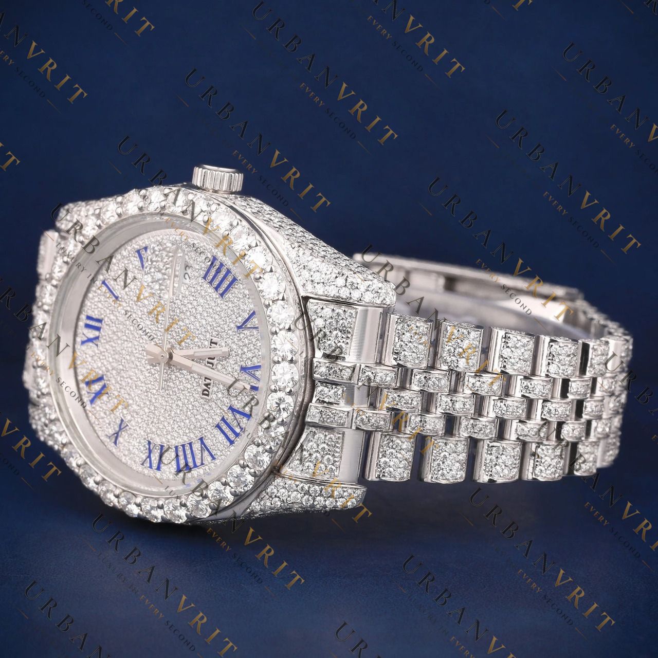 Blue Roman Numeral VVS1 D Color Moissanite Watch