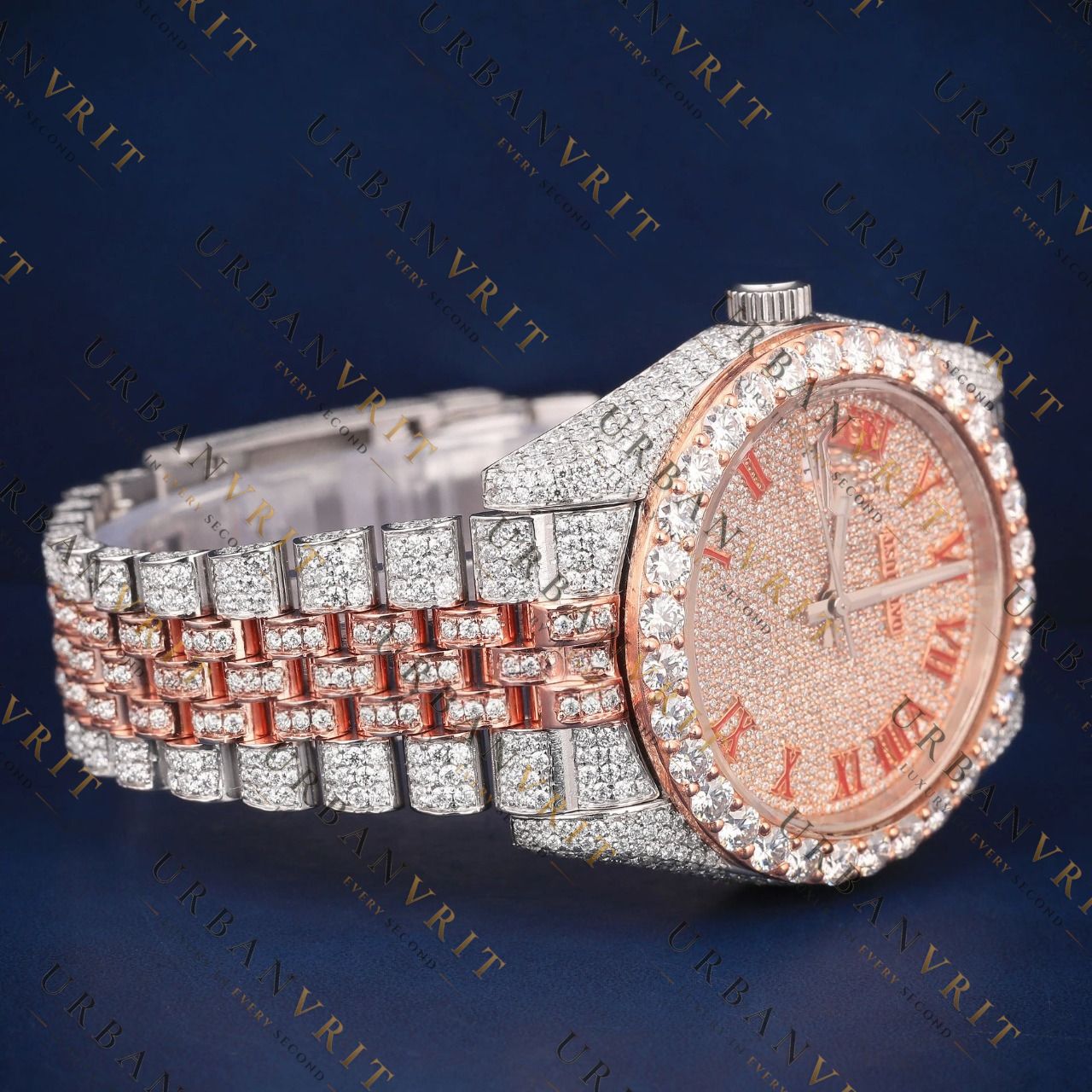 Rose Gold Roman VVS1 D Color Moissanite Watch