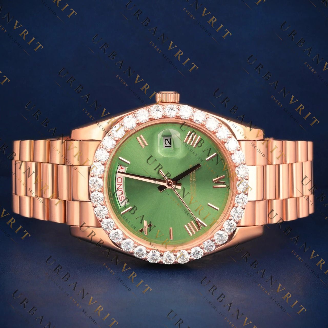 Rose Gold Green Dial VVS1 D Color Moissanite Watch