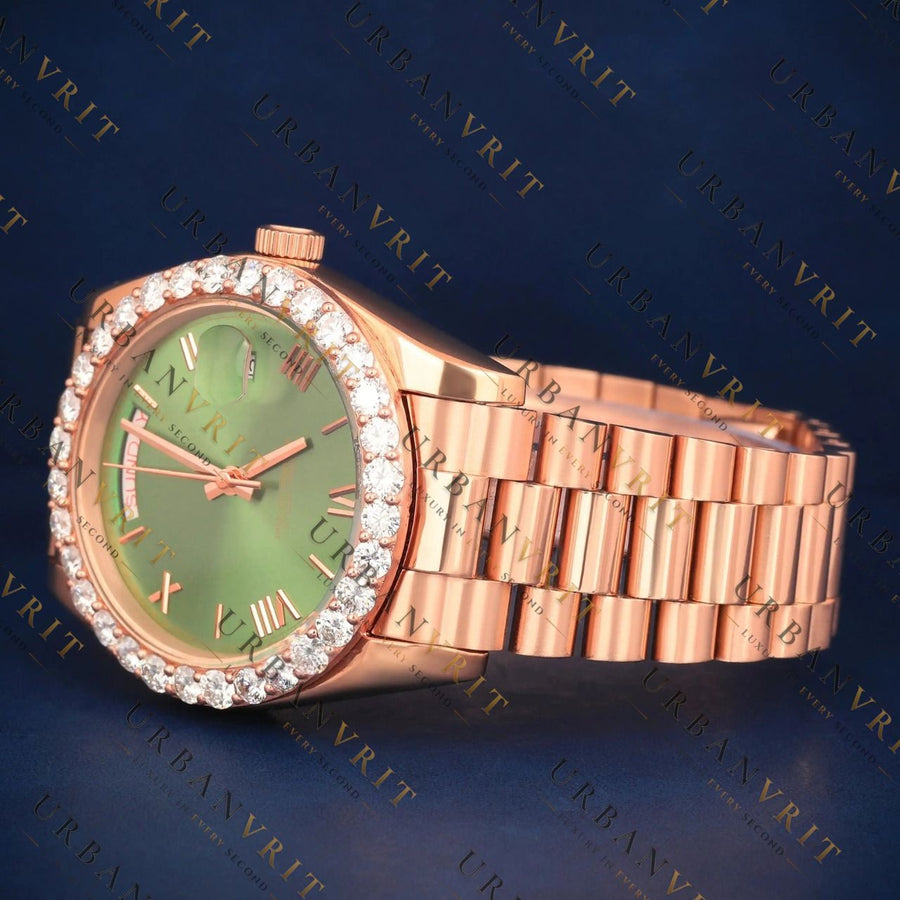 Rose Gold Green Dial VVS1 D Color Moissanite Watch