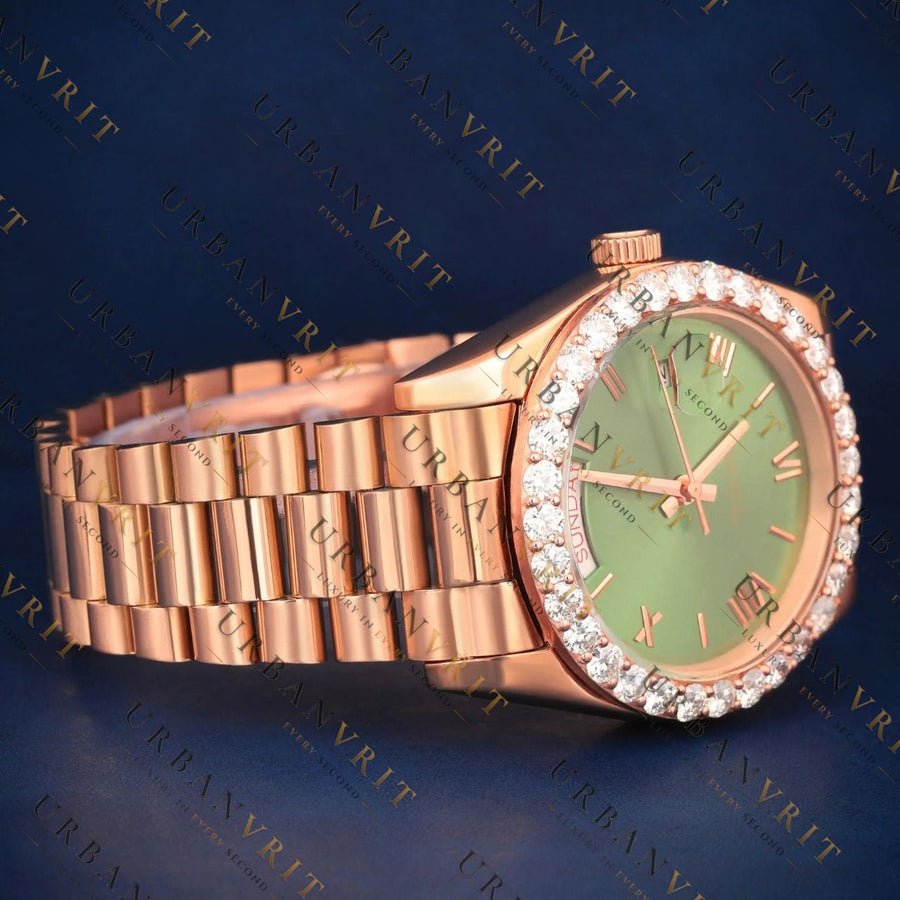 Rose Gold Green Dial VVS1 D Color Moissanite Watch