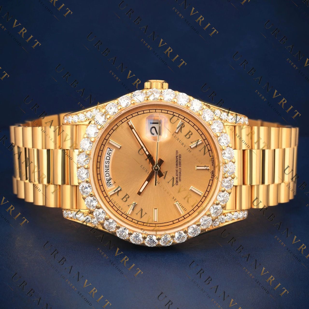 18K Gold Day Date VVS1 D Color Moissanite Watch