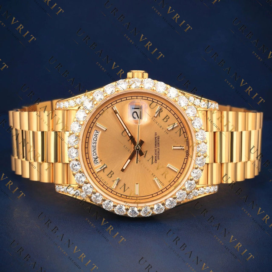 18K Gold Day Date VVS1 D Color Moissanite Watch
