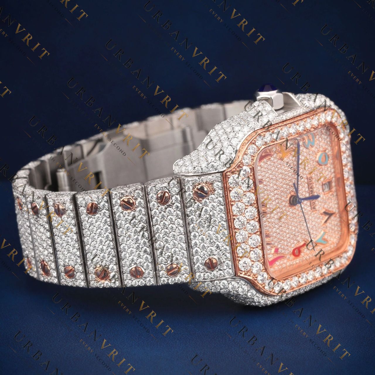 Rose Gold Rainbow Numeral VVS1 D Color Moissanite Watch