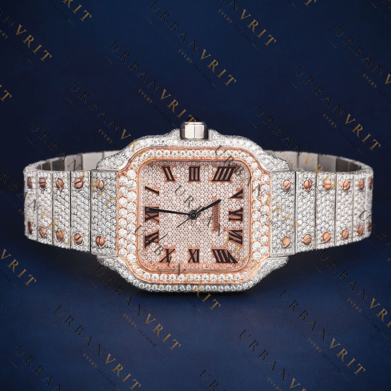 Rose Gold Roman Dial VVS1 D Color Moissanite Watch