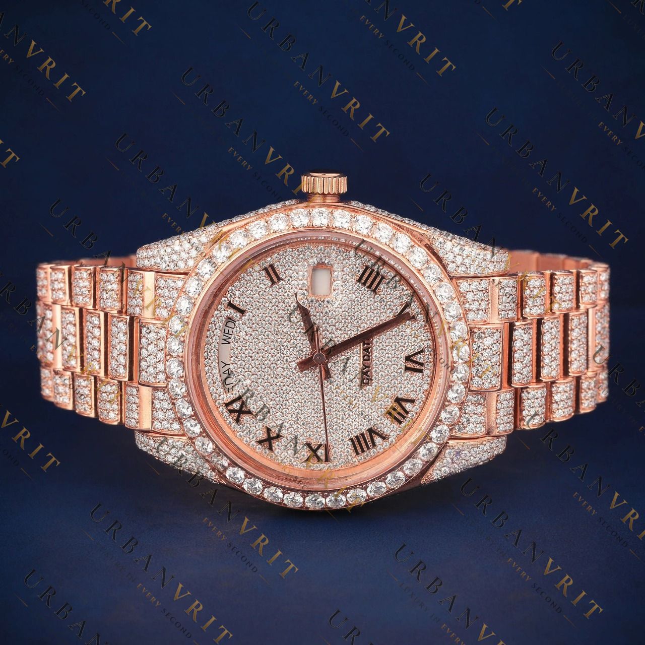 Rose Gold Day-Date VVS1 D Color Moissanite Watch