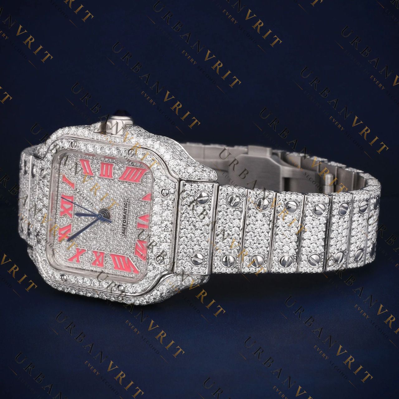 Square Pink Roman Numeral VVS1 D Color Moissanite Watch
