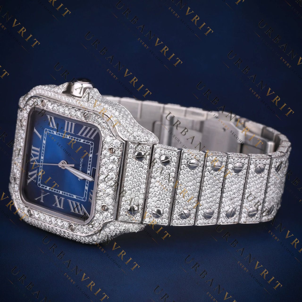 Blue Dial Square VVS1 D Color Moissanite Automatic Watch