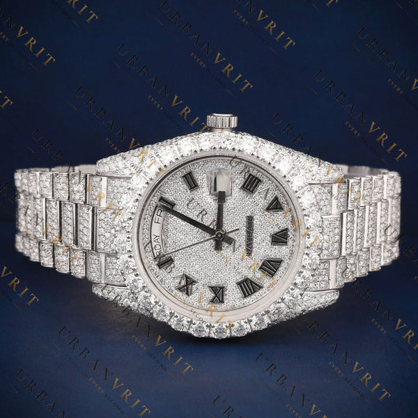 Iced Out Day-Date Roman VVS1 D Color Moissanite Watch