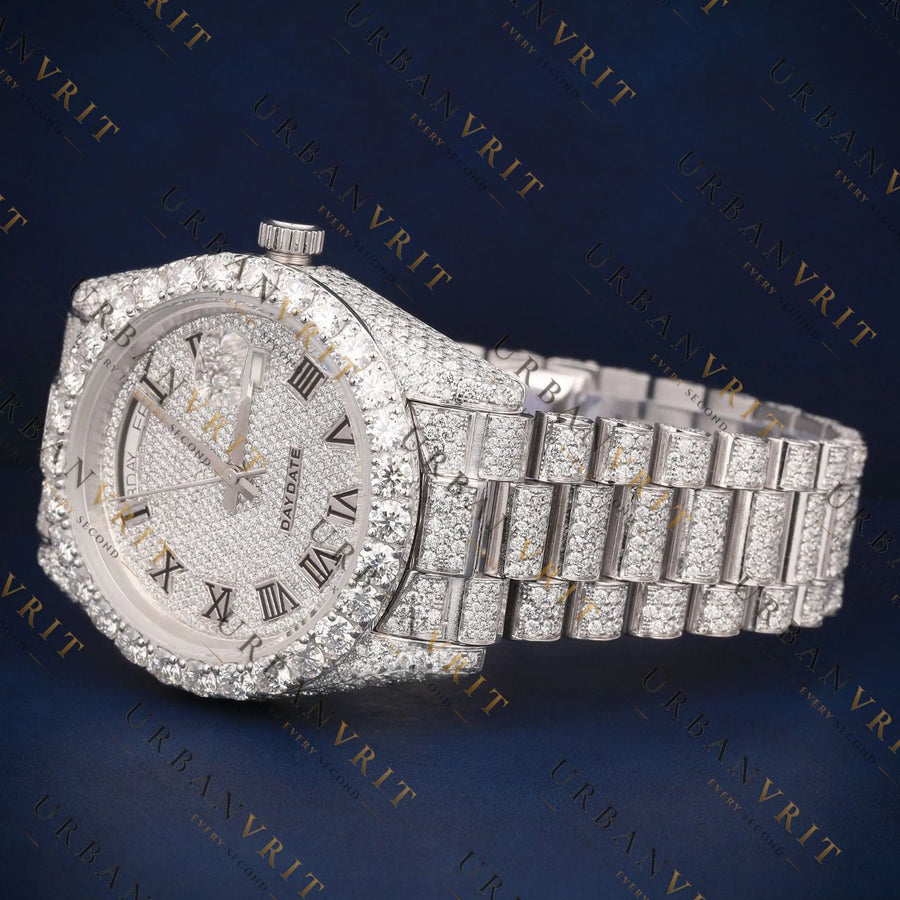 Iced Out Day-Date Roman VVS1 D Color Moissanite Watch