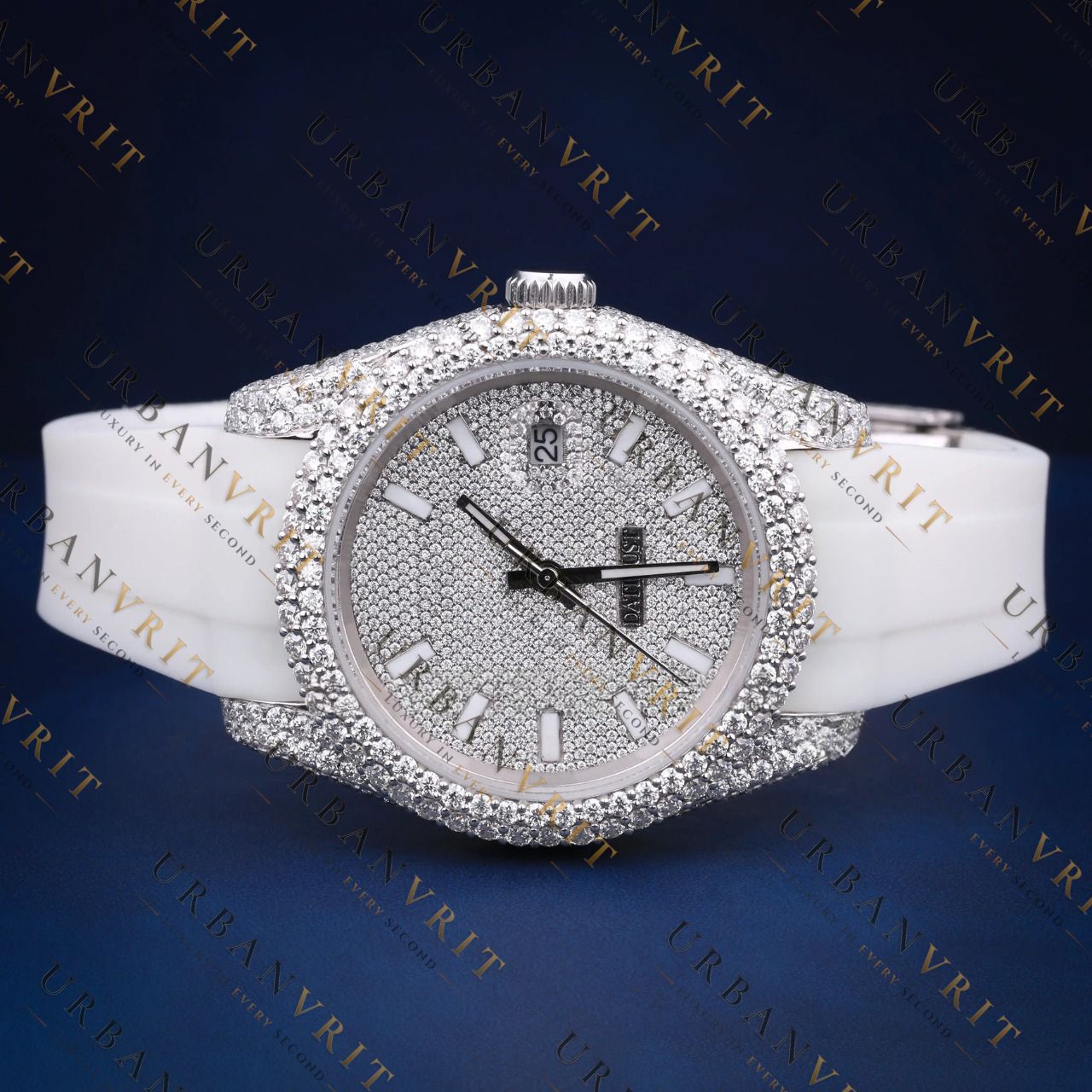 White Rubber Strap Iced-Out VVS1 D Color Moissanite Watch