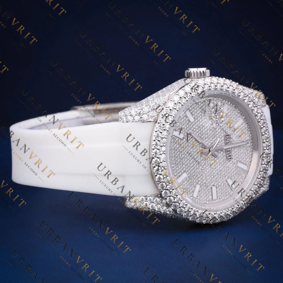 White Rubber Strap Iced-Out VVS1 D Color Moissanite Watch