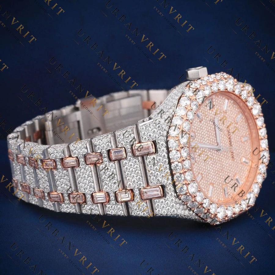 Rose Gold Two-Tone Iced-Out VVS1 D Color Moissanite Watch