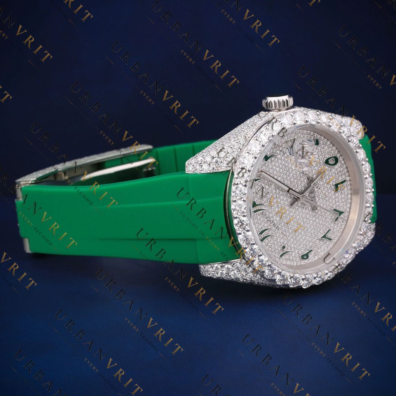 Green Rubber Strap Iced-Out Moissanite Automatic Watch