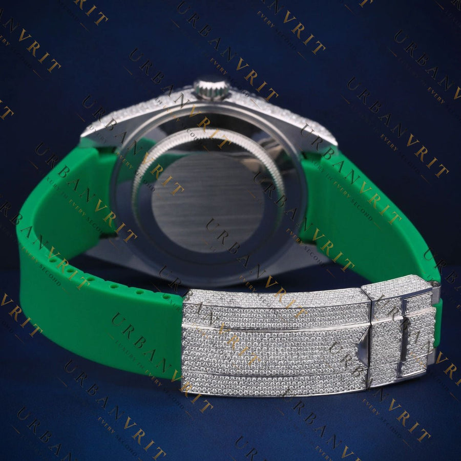 Green Rubber Strap Iced-Out Moissanite Automatic Watch