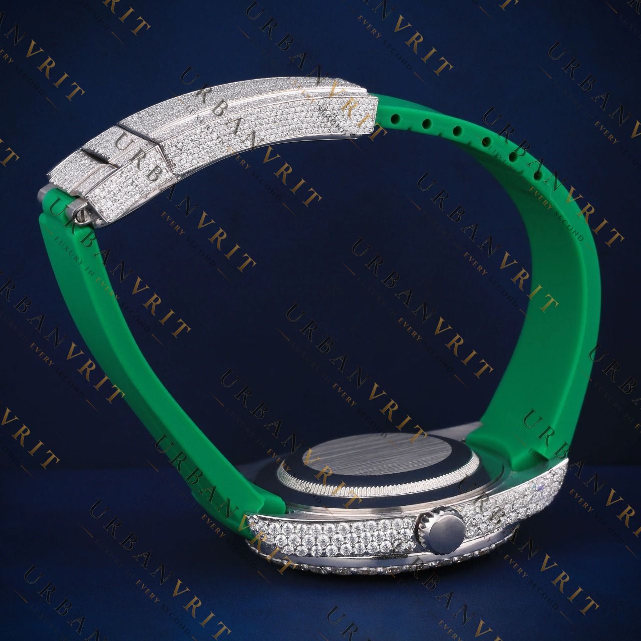 Green Rubber Strap Iced-Out Moissanite Automatic Watch