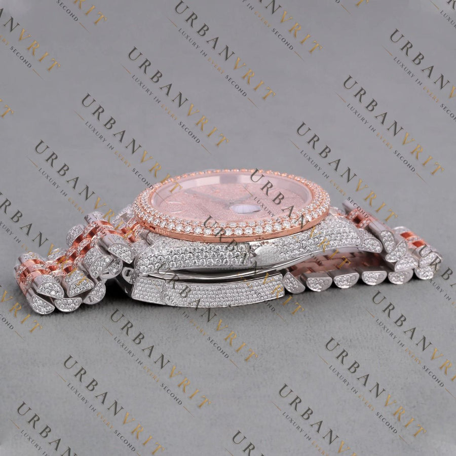 Rose Gold Two Tone Moissanite Watch VVS1 D Color Fully Iced
