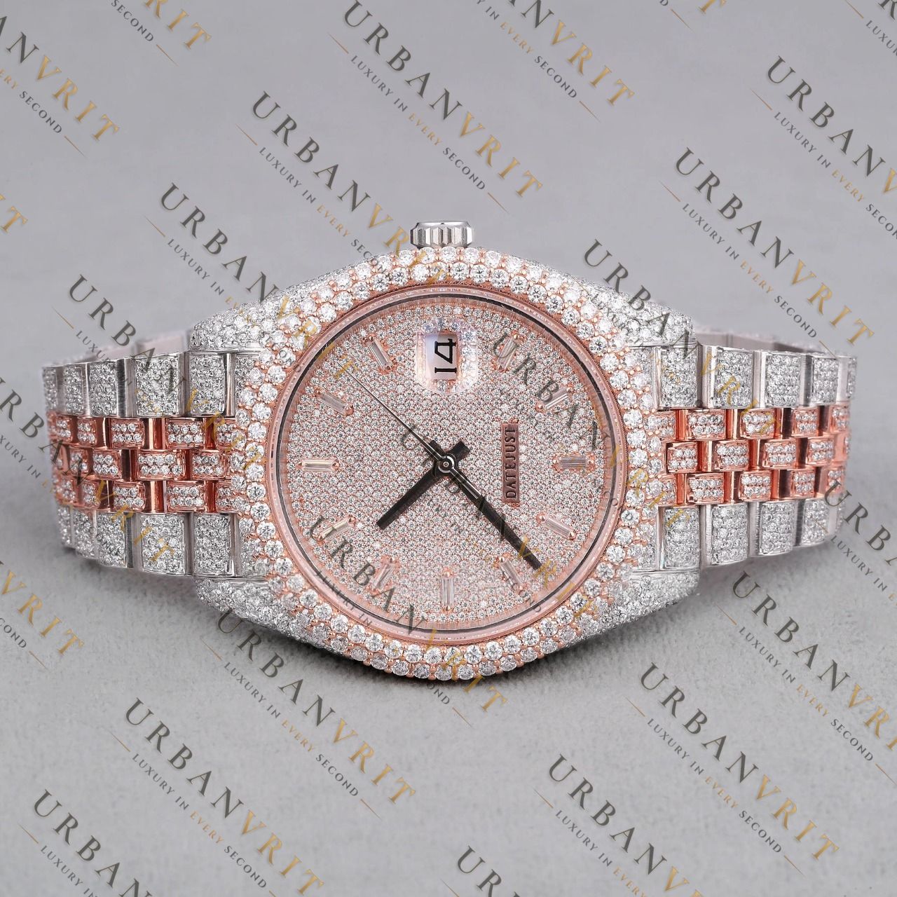 Rose Gold Two Tone Moissanite Watch VVS1 D Color Fully Iced