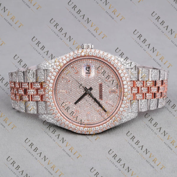 Rose Gold Two Tone Moissanite Watch VVS1 D Color Fully Iced