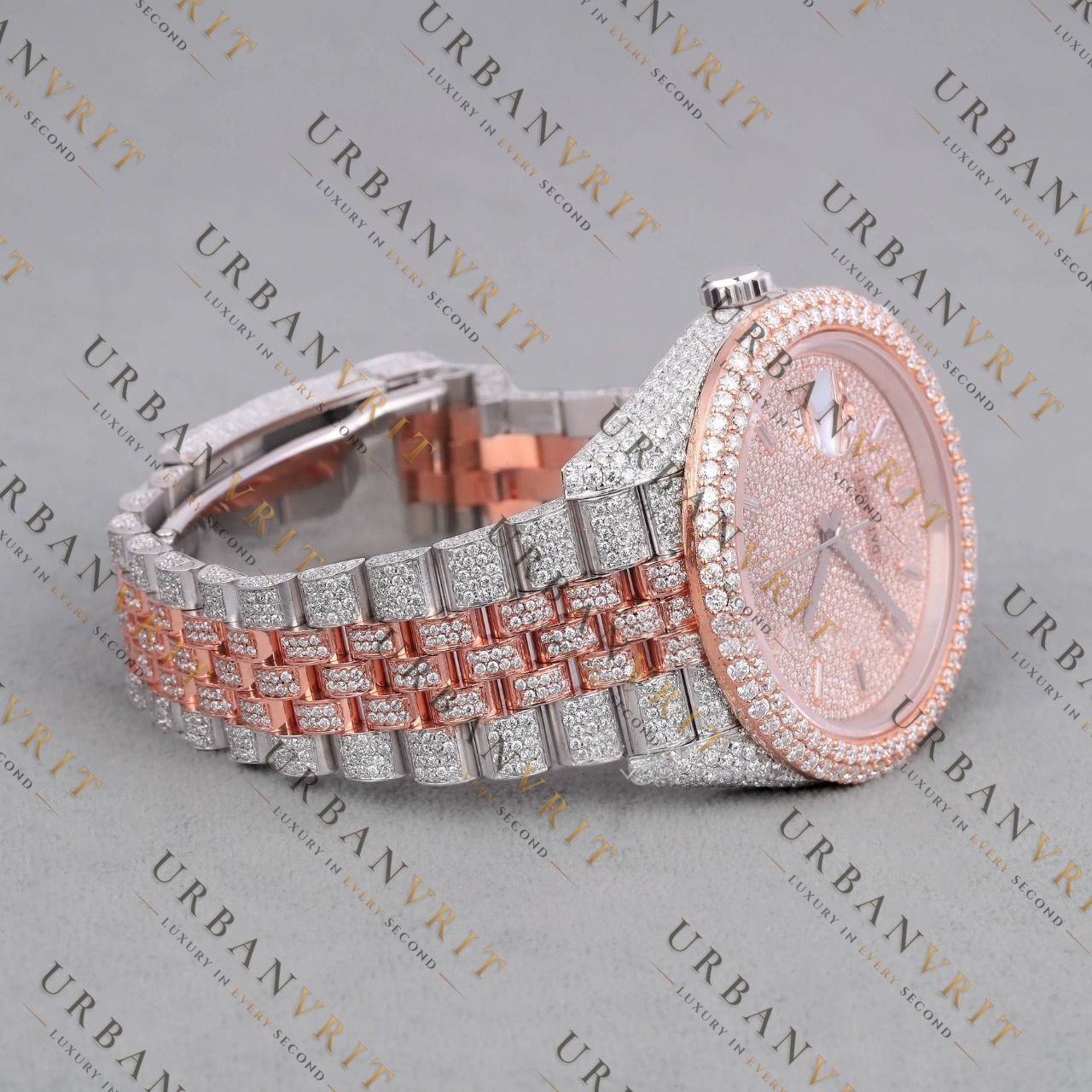 Rose Gold Two Tone Moissanite Watch VVS1 D Color Fully Iced