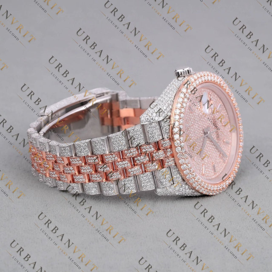 Rose Gold Two Tone Moissanite Watch VVS1 D Color Fully Iced
