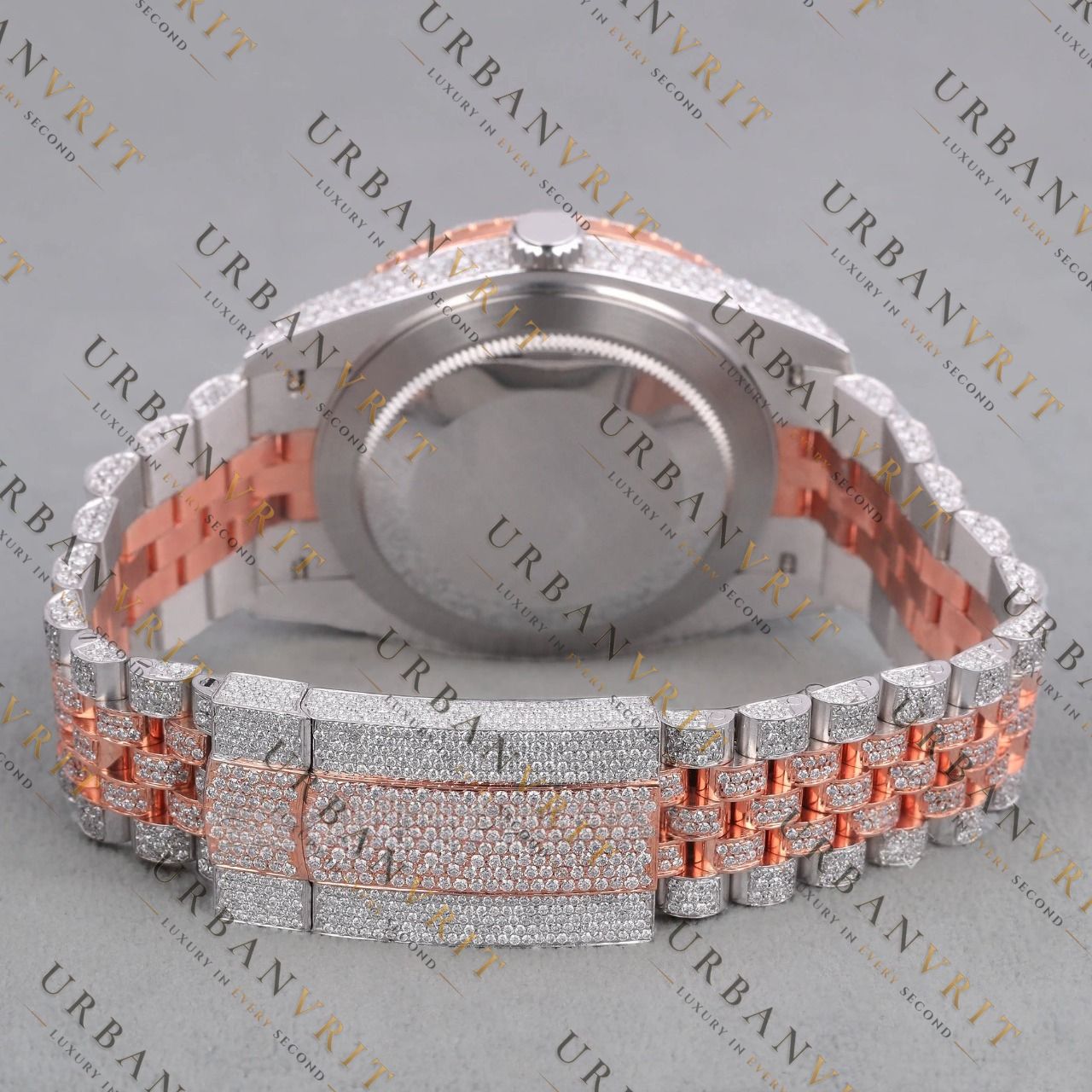 Rose Gold Two Tone Moissanite Watch VVS1 D Color Fully Iced
