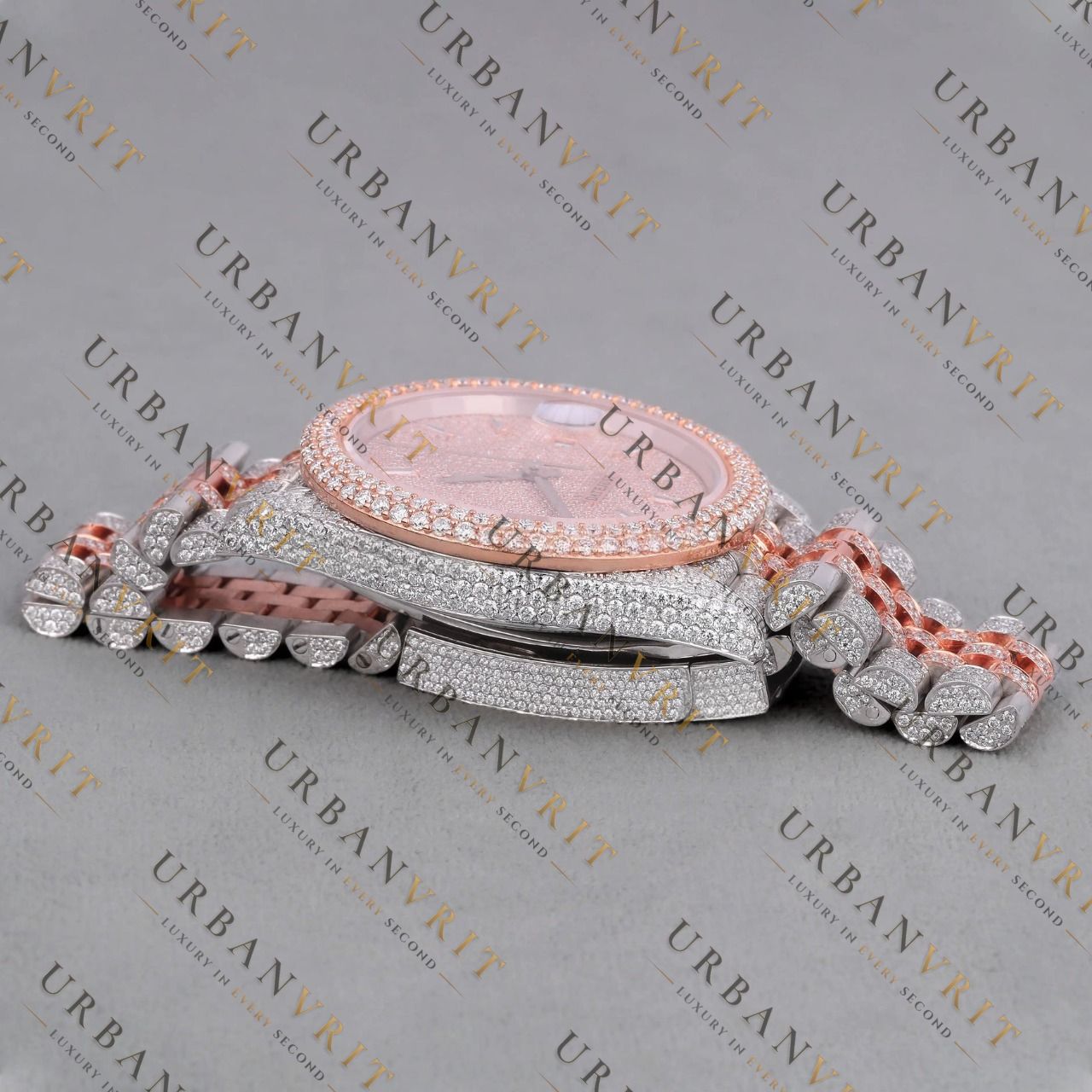 Rose Gold Two Tone Moissanite Watch VVS1 D Color Fully Iced