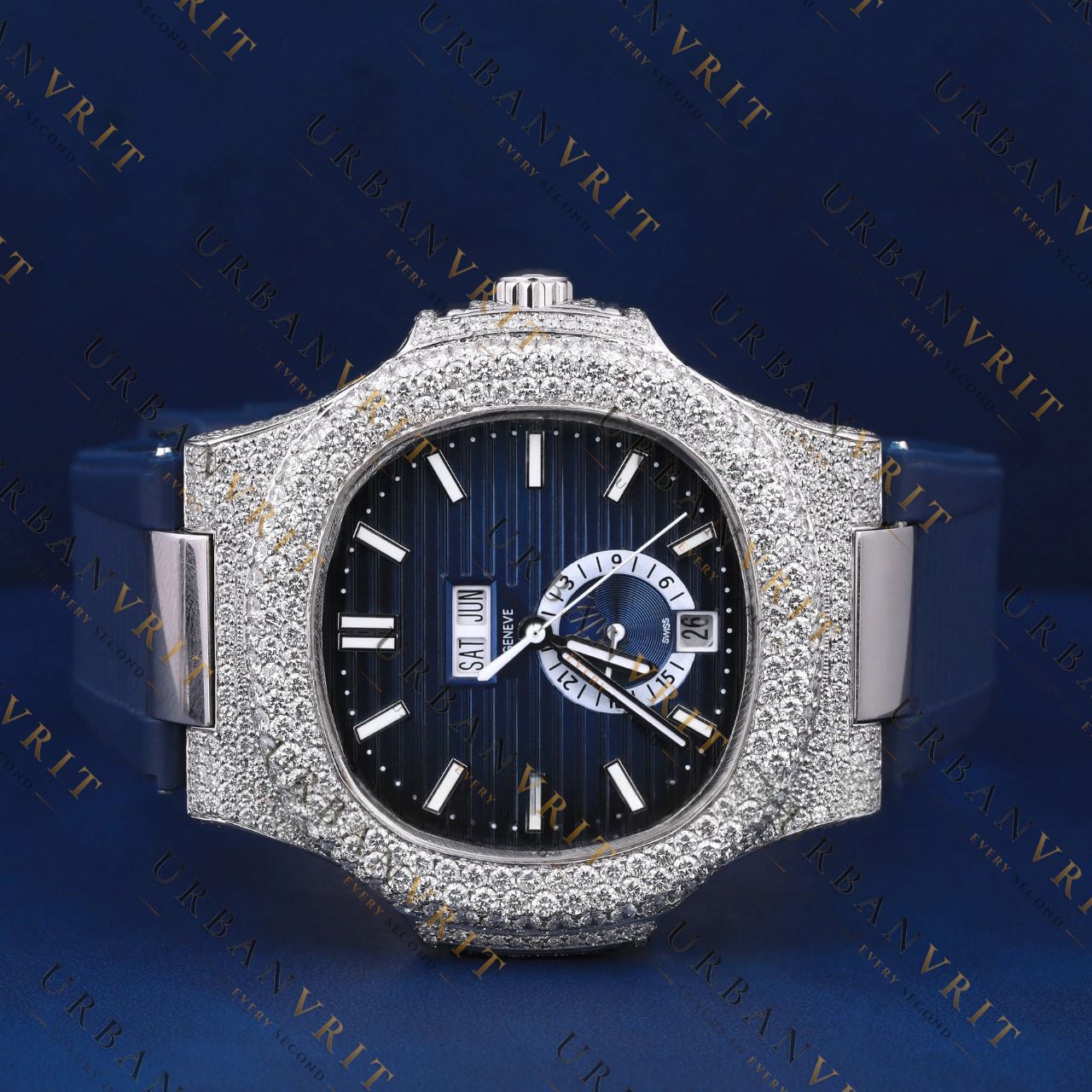 Blue Dial Moissanite Watch VVS1 D Color Fully Iced Out