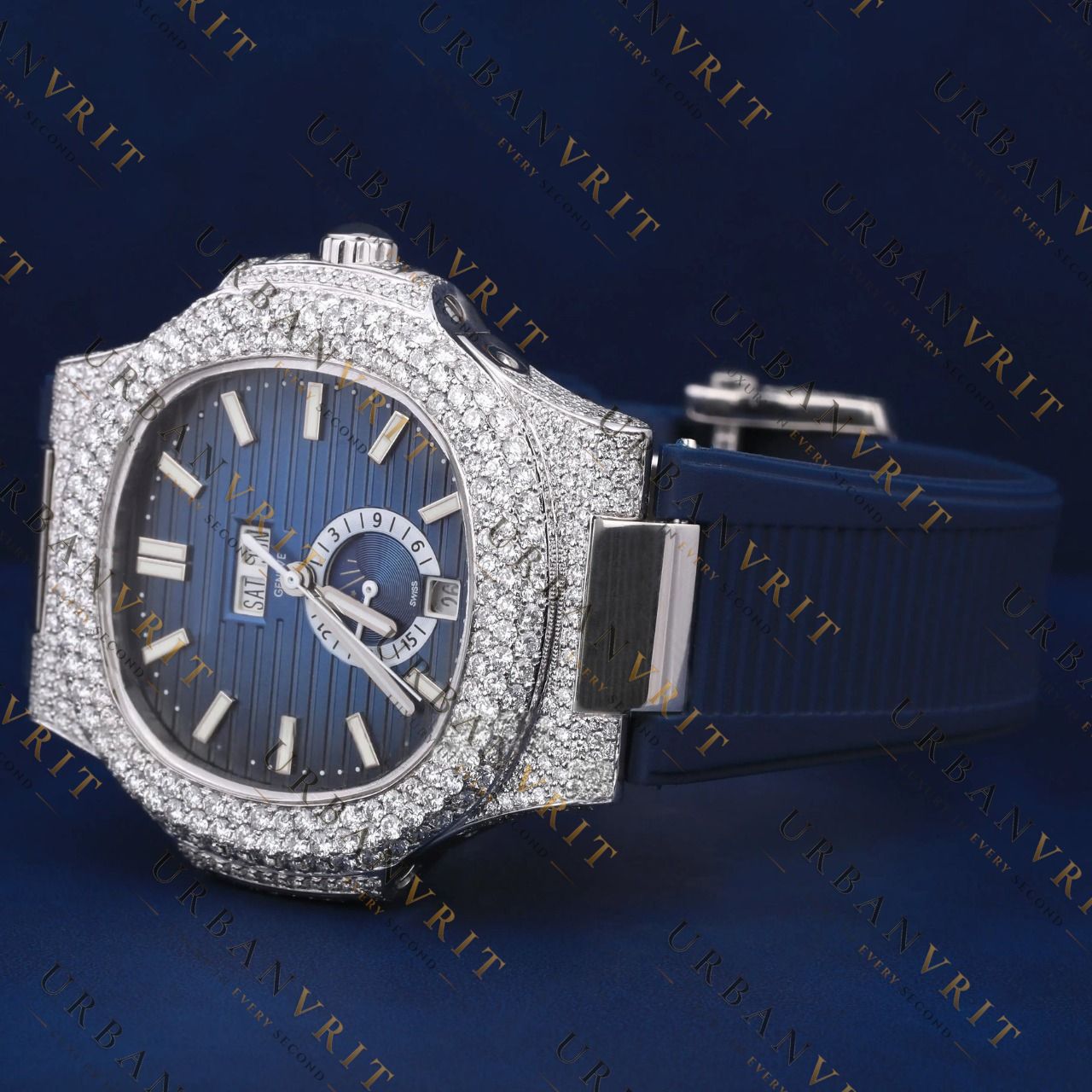 Blue Dial Moissanite Watch VVS1 D Color Fully Iced Out