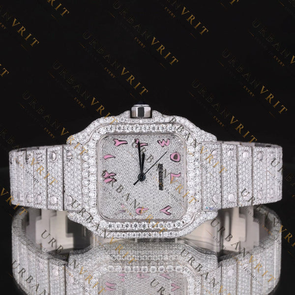 Pink Dial Moissanite Watch VVS1 D Color Fully Iced Out