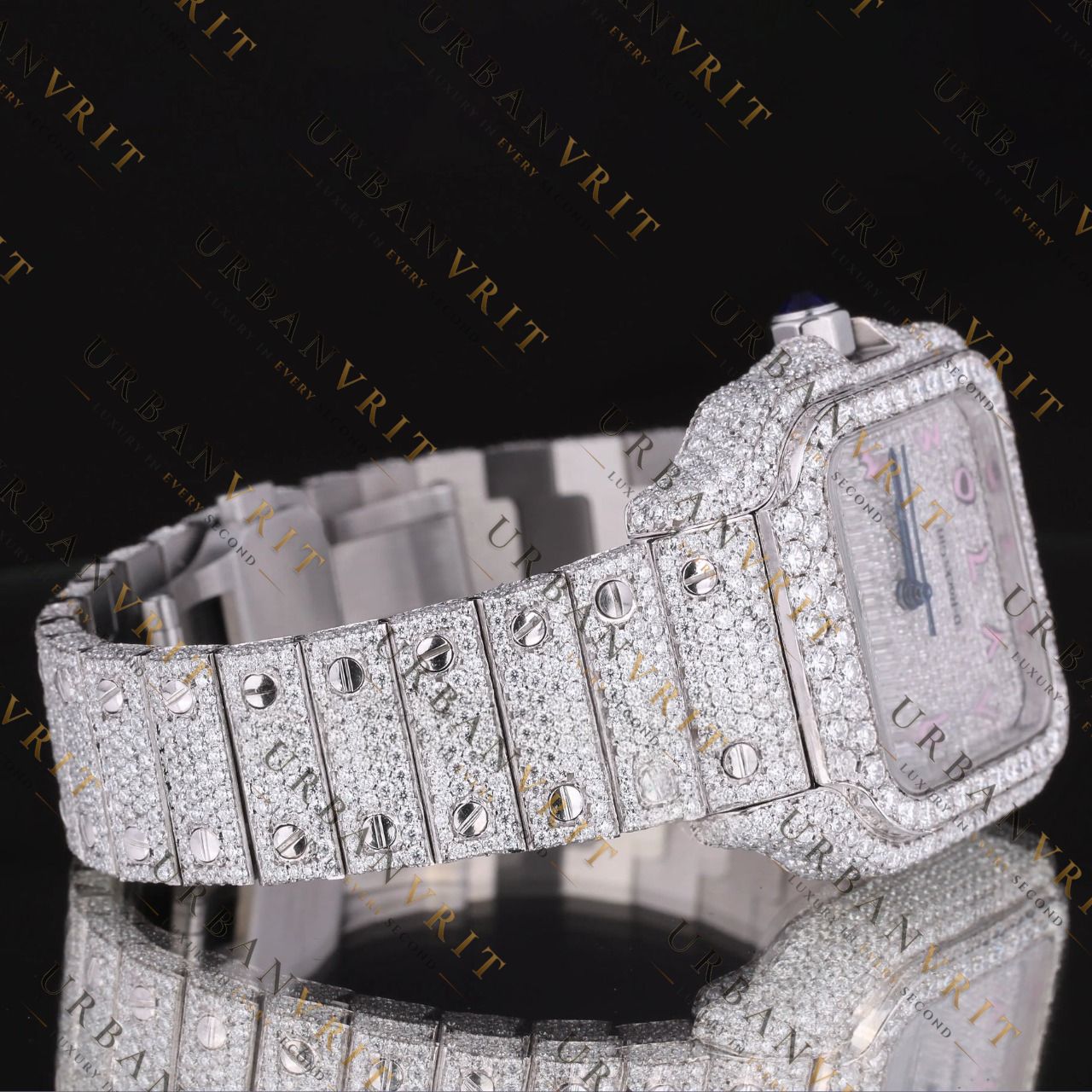 Pink Dial Moissanite Watch VVS1 D Color Fully Iced Out