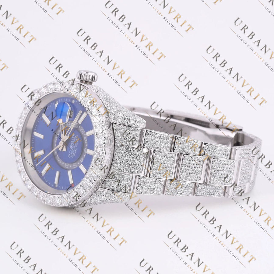 Blue Dial Moissanite Watch VVS1 D Color Fully Iced Out White Gold