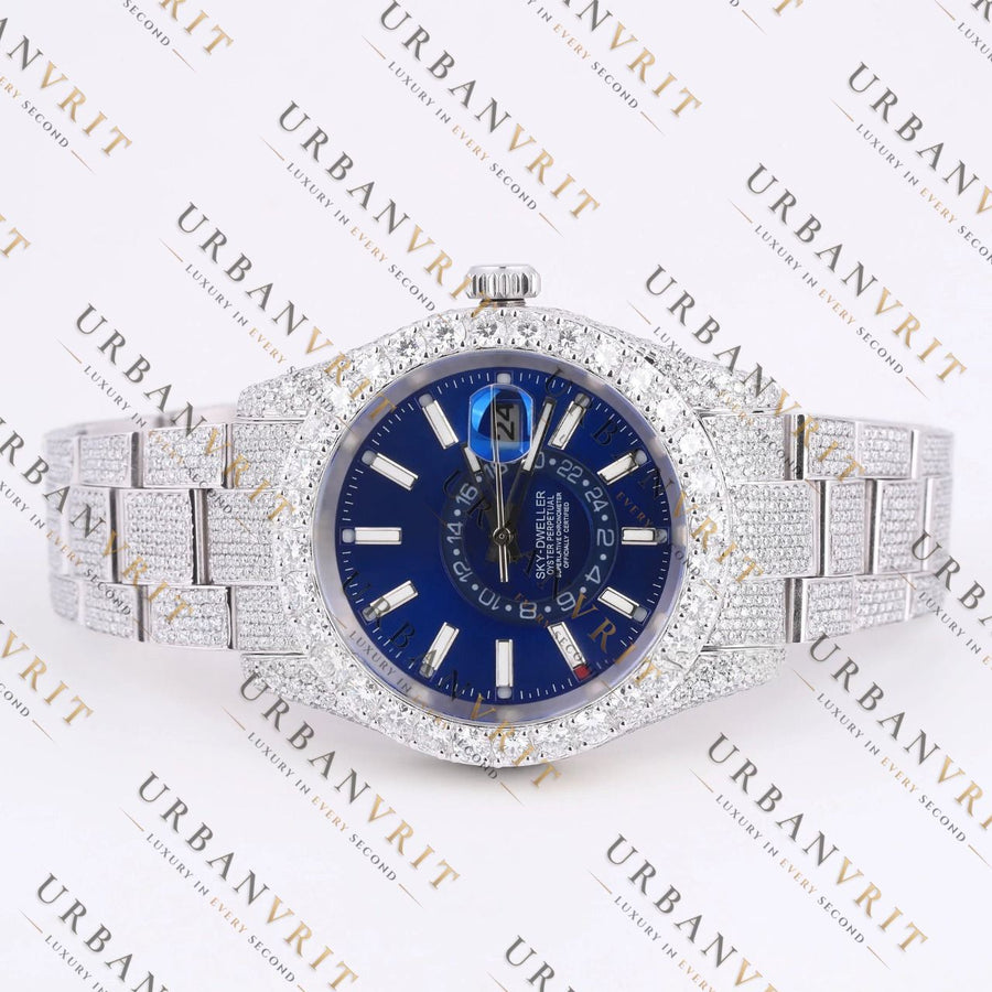 Blue Dial Moissanite Watch VVS1 D Color Fully Iced Out White Gold