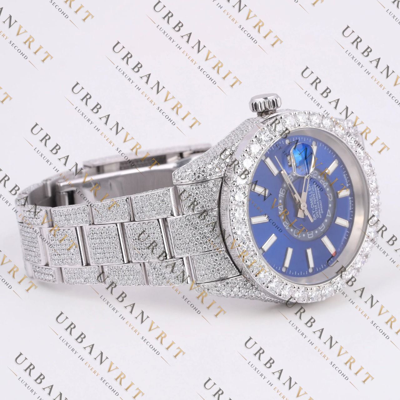 Blue Dial Moissanite Watch VVS1 D Color Fully Iced Out White Gold