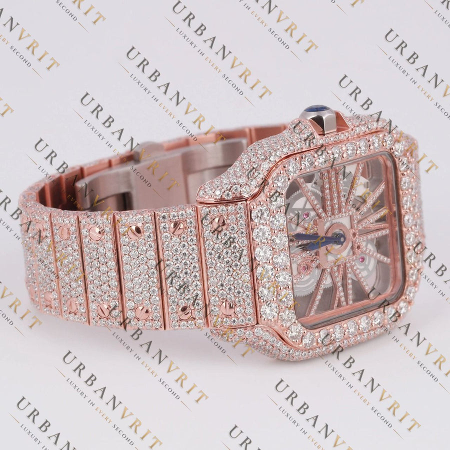Rose Gold Skeleton Moissanite Watch VVS1 D Color Fully Iced