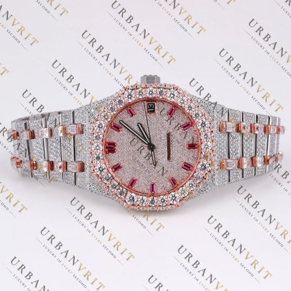 Rose Gold Two Tone Moissanite Watch VVS1 D Color Fully Iced