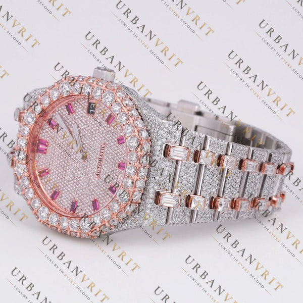 Rose Gold Two Tone Moissanite Watch VVS1 D Color Fully Iced