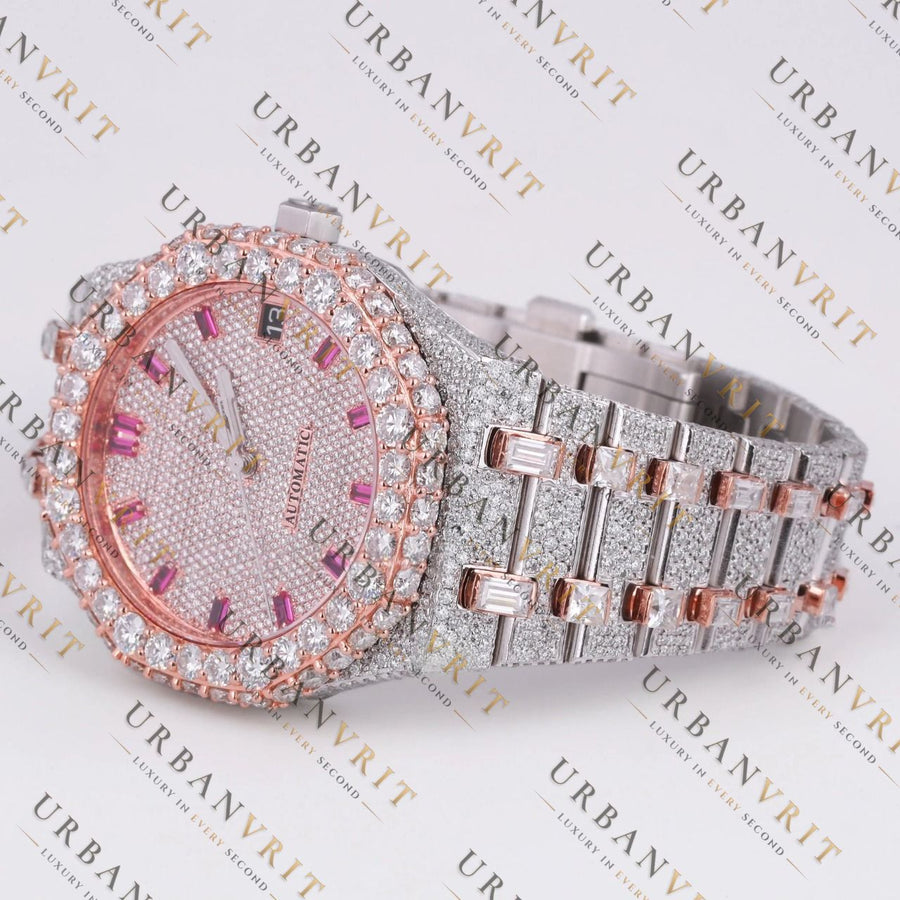 Rose Gold Two Tone Moissanite Watch VVS1 D Color Fully Iced