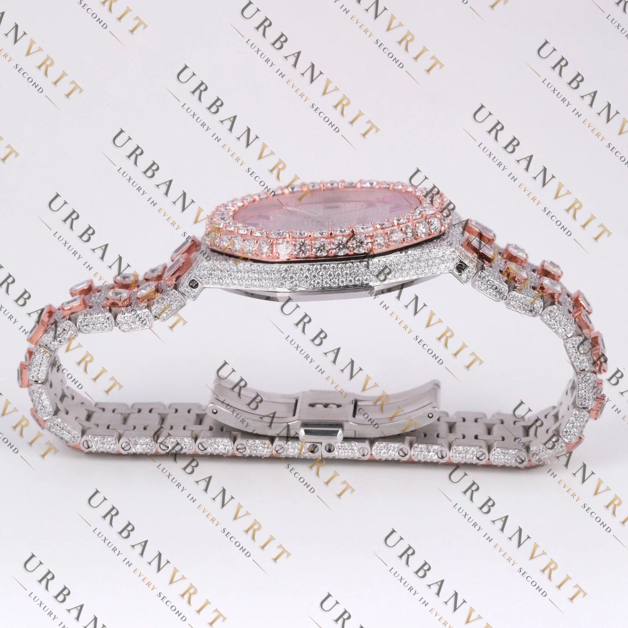 Rose Gold Two Tone Moissanite Watch VVS1 D Color Fully Iced