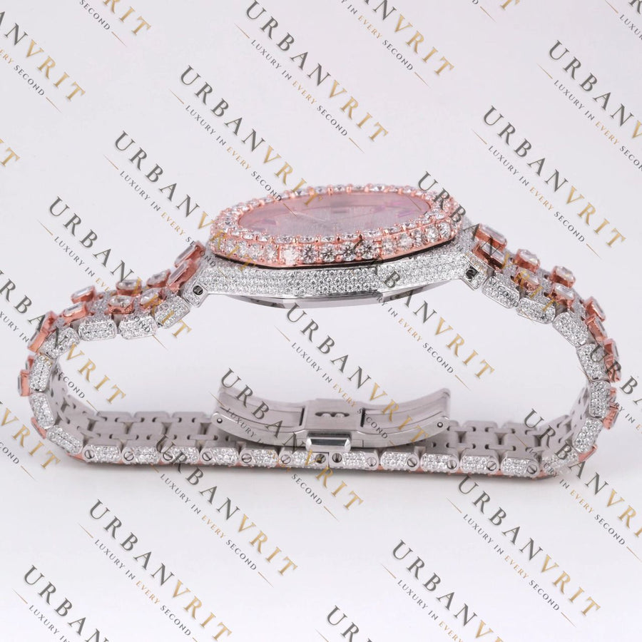 Rose Gold Two Tone Moissanite Watch VVS1 D Color Fully Iced