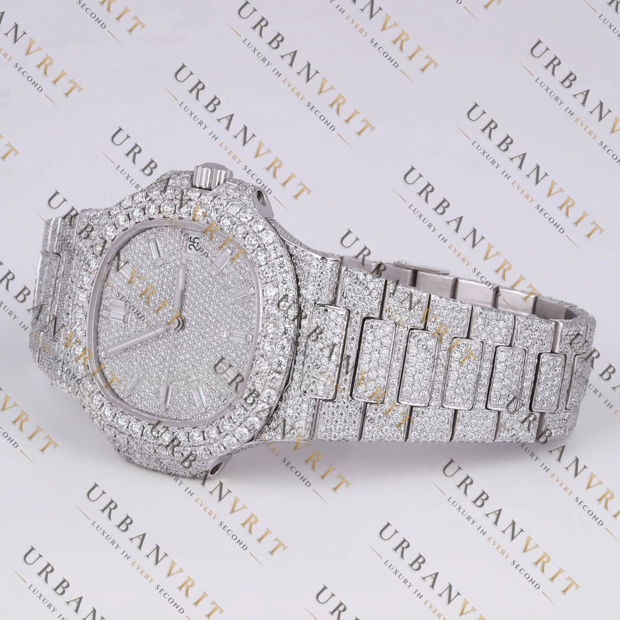 White Gold Moissanite Watch VVS1 D Color Fully Iced