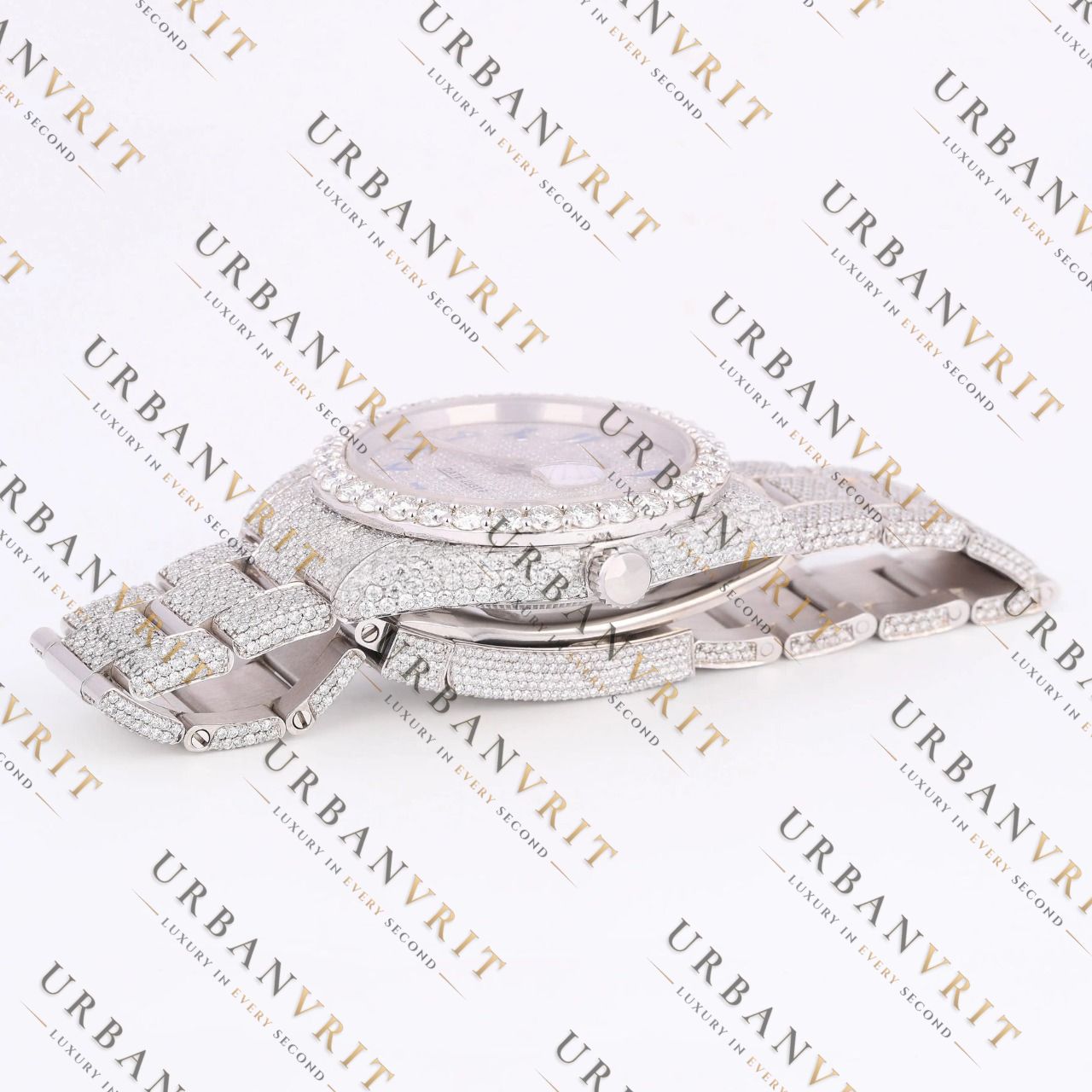 Blue Arabic Dial Moissanite Watch VVS1 D Color Fully Iced