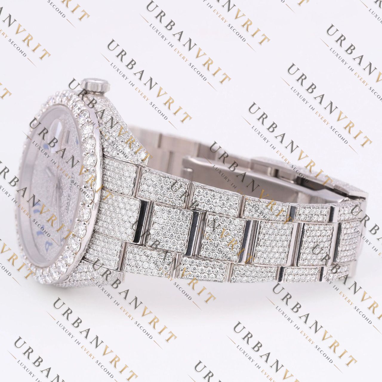Blue Arabic Dial Moissanite Watch VVS1 D Color Fully Iced